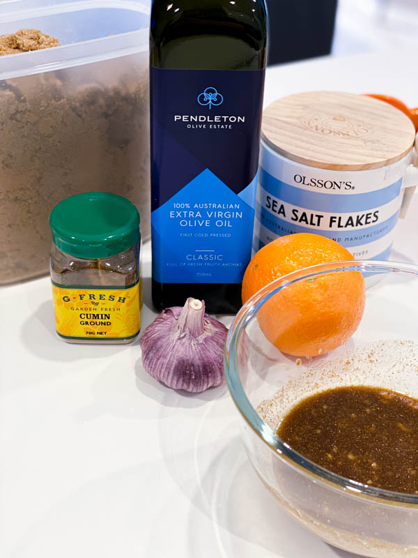 All the ingredients on the bench ready to make the marinade/glaze for the Butterflied Quail with Orange, Cumin and Brown Sugar Glaze.