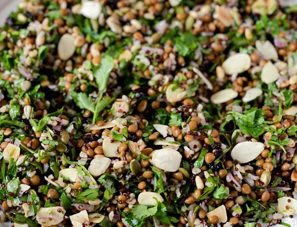 Close up of the Cypriot Grain Salad on a platter.