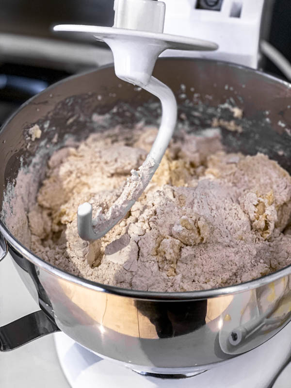 The dry ingredients being incorporated into the creamed egg and sugar with a dough attachment in the bowl of a cake mixer.