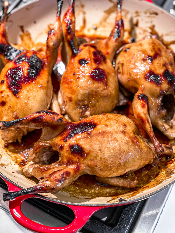 The Roasted Pomegranate Quail after 20 minutes in the oven is now browning well.