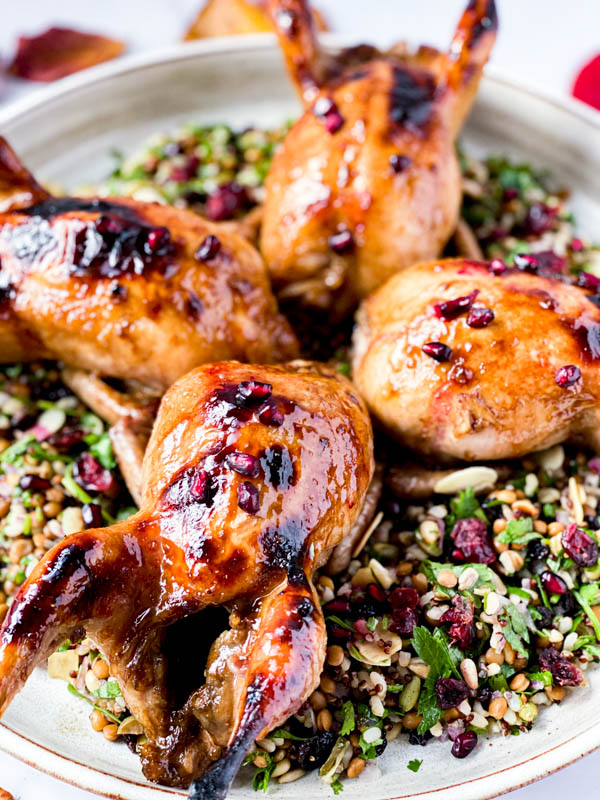 A close up of the Roasted Pomegranate Quail sitting on top of a Grain and Herb Salad with cranberries and pomegranate seeds.