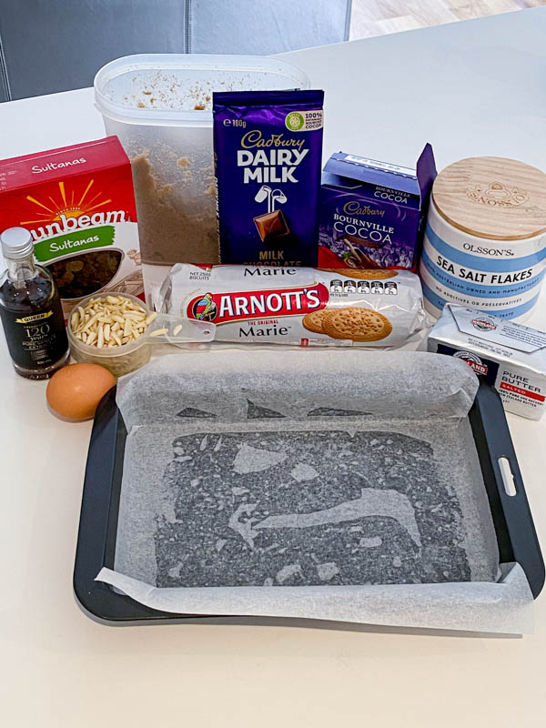 All the ingredients to make the Classic Hedgehog Slice on a bench.