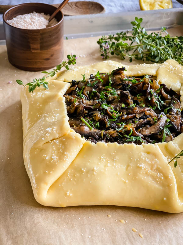 A close up of the Mushroom Galette that is ready to be cooked in the oven.