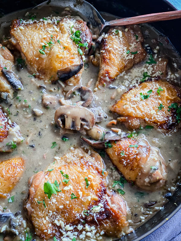 Looking down into the pan of Chicken, Mushroom and Bacon Bake.