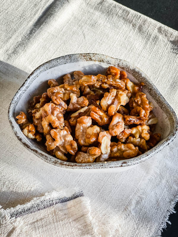 Close up of the Candied Walnuts in a bowl.