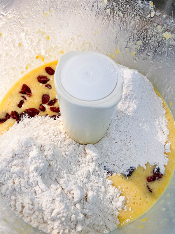 The dry ingredients and cranberries have now been added to the wet ingredients in the food processor.