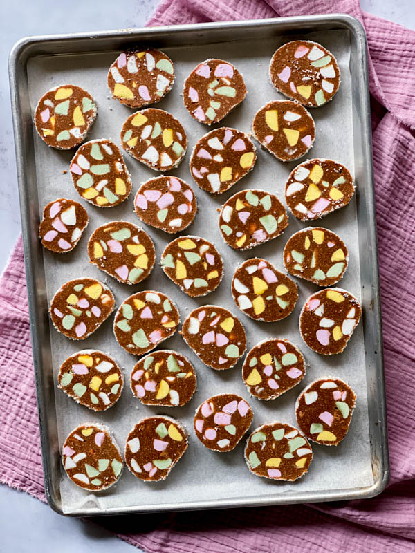 Looking down onto a tray of Lolly Cake slices.