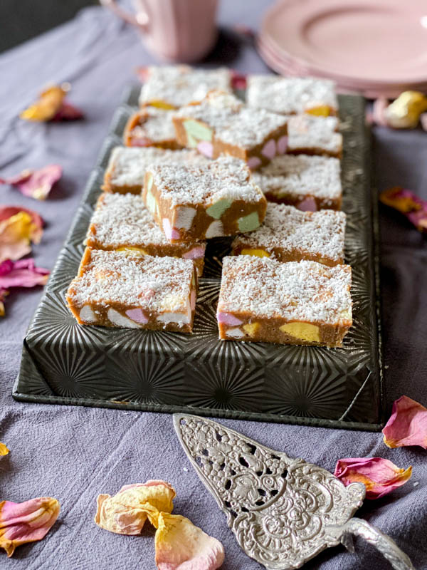 This shows the Lolly Cake cut into slices. The slices are on top of a baking pan.