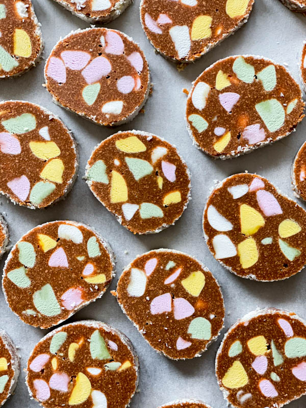 Looking down onto slices of Lolly Cake.