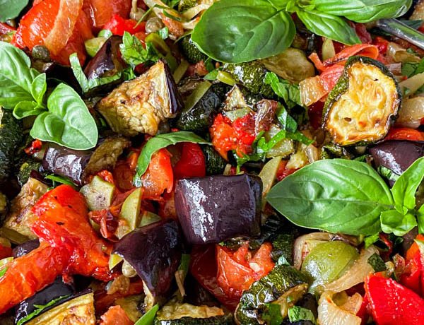 A close up of the vegetables in the Roasted Ratatouille Salad.