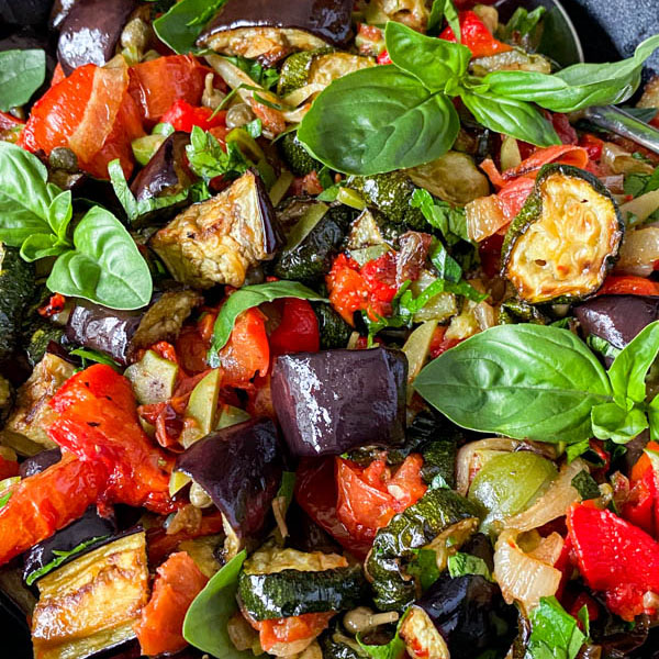 A close up of the vegetables in the Roasted Ratatouille Salad.