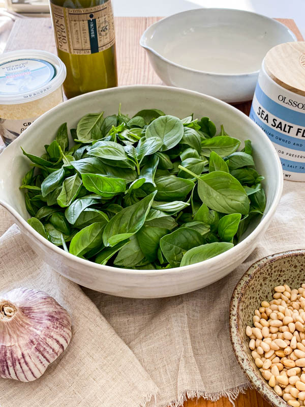 All the ingredients required to make the Basil Pesto are on a chopping board. In the centre is a large bowl of picked basil leaves with salt, parmesan, olive oil, pine-nuts and garlic around it.