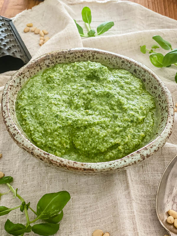 A close up of the bowl of Basil Pesto.