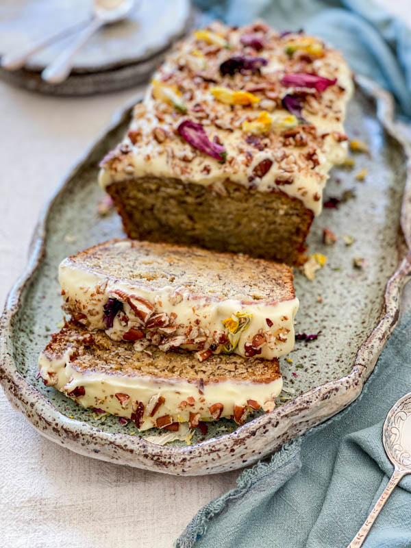 The cake has been sliced so you can see the moist crumb.