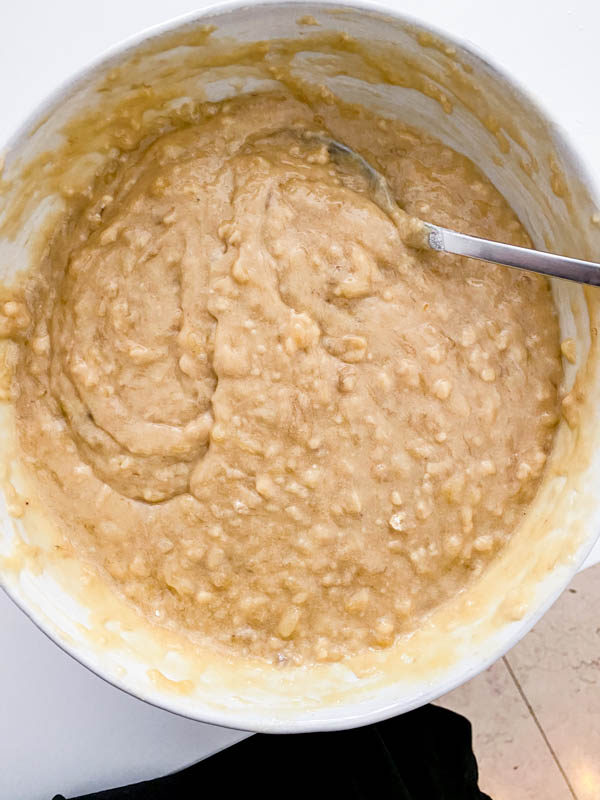 The Banana Cake batter is now mixed together and ready to be poured into a cake pan.