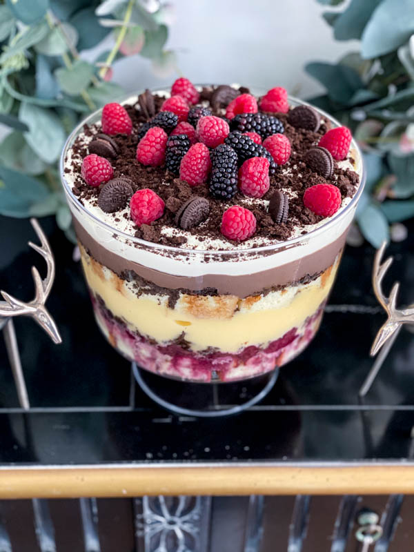 Looking down onto the top of the decorated trifle.