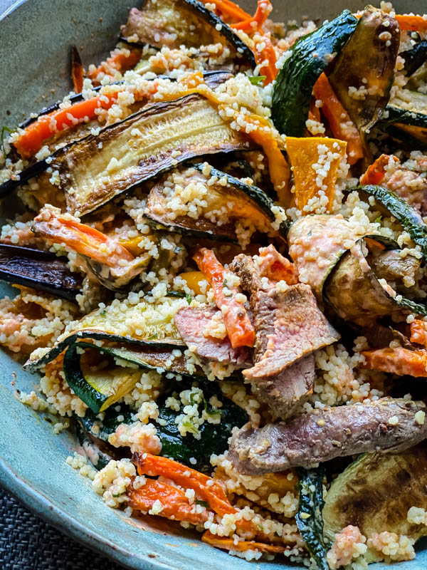 Another close up of the Grilled Vegetable and Couscous Salad with lamb backstrap added.