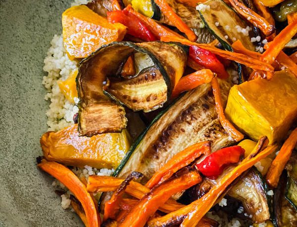 A close up of the undressed Grilled Vegetable and Couscous Salad.