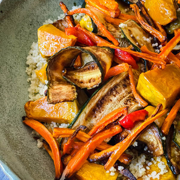 A close up of the undressed Grilled Vegetable and Couscous Salad.