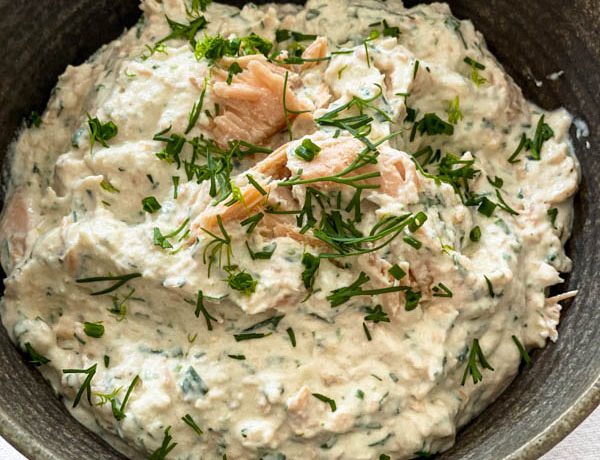 A close up of the bowl of Smoked Salmon Dip.
