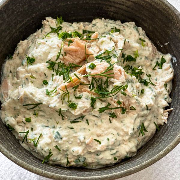A close up of the bowl of Smoked Salmon Dip.