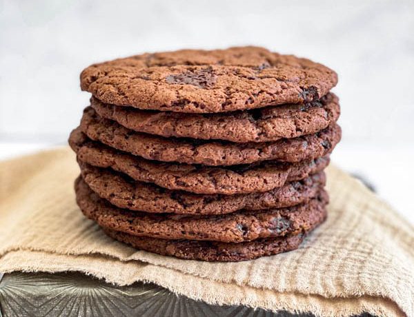 A close up of the stack of Chewy Vegan Chocolate Cookies.