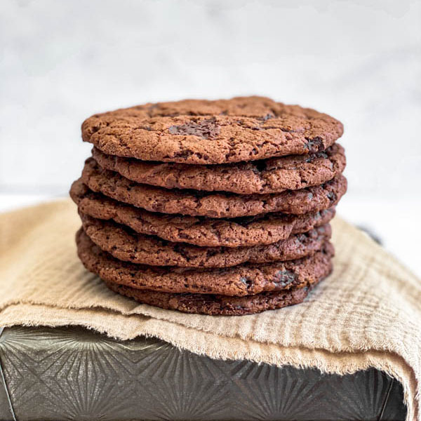 A close up of the stack of Chewy Vegan Chocolate Cookies.