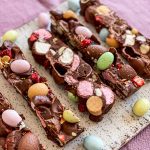 Close up of the slices of Rocky Road on a platter.