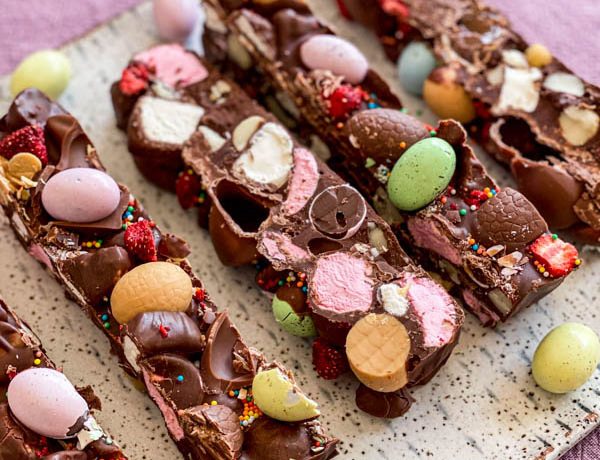Close up of the slices of Rocky Road on a platter.
