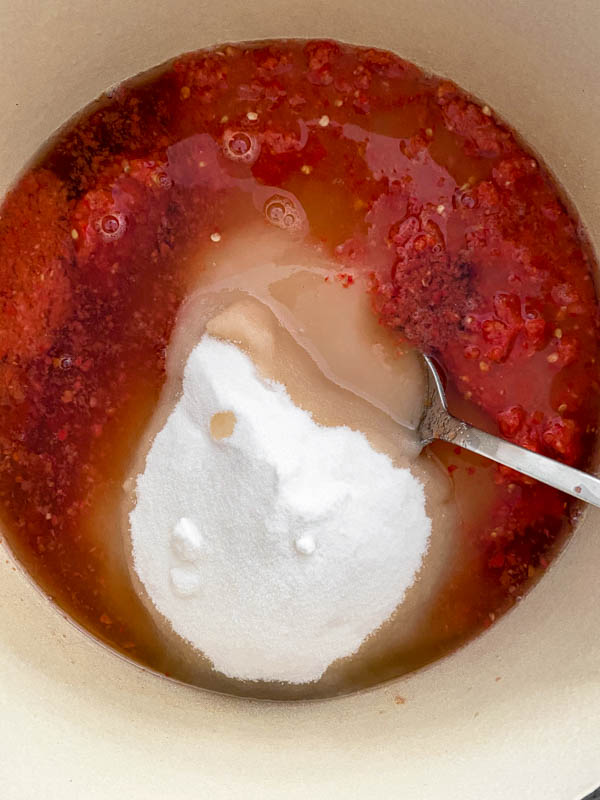 Looking down into the pot of blended ingredients with the sugar and vinegar now added.