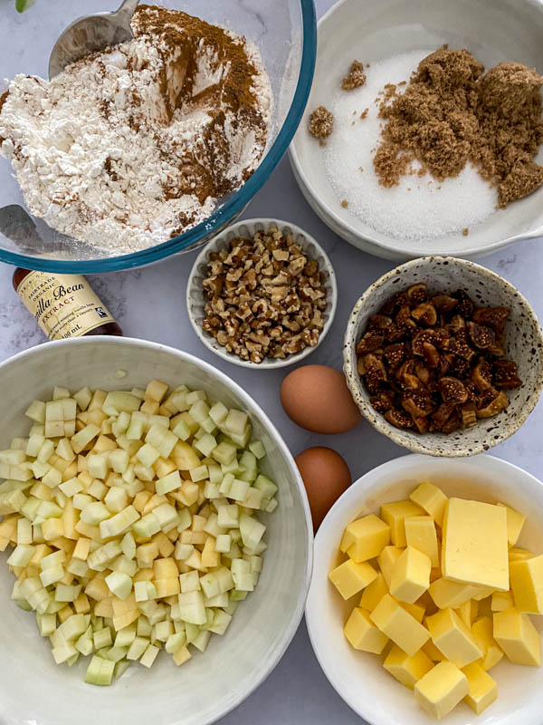 Looking down onto a bench with all the ingredients required to make this recipe.