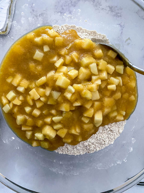 The wet ingredients including the diced apples are added to the dry ingredients in a bowl.