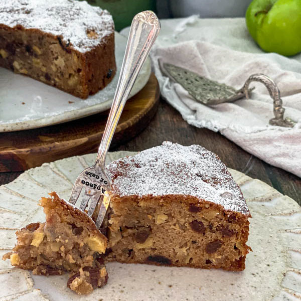 A close up of a slice of the apple cake.