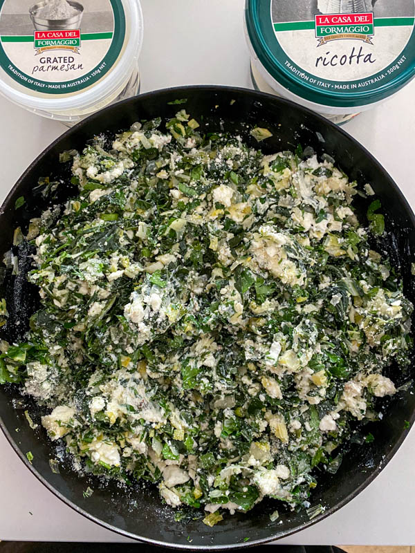 The silverbeet and cheese mix is now ready for the eggs to be added and it is then ready to be put into the pastry.