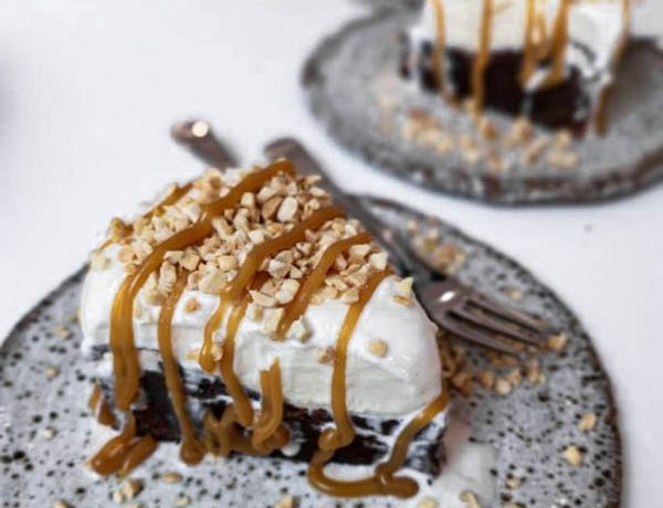 A close-up of the slice of Chocolate Brownie Ice Cream Cake.