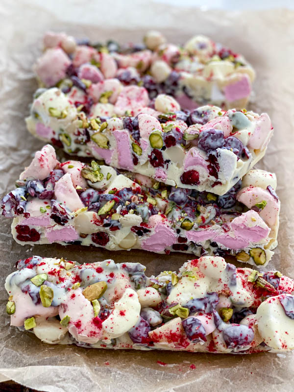 The rocky road is now set and has been sliced into strips. You can see the cut insides showing all the colours of the filling.