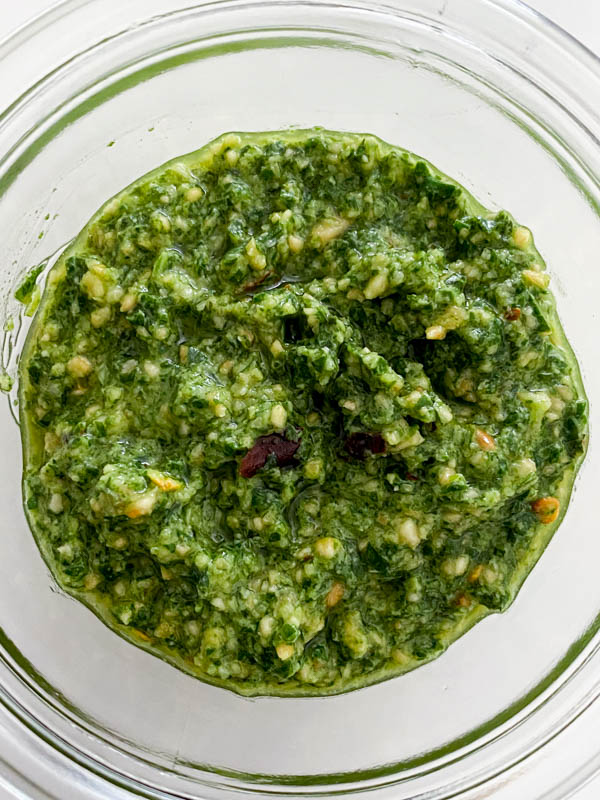 Looking down into the jar of Thai Basil Pesto.