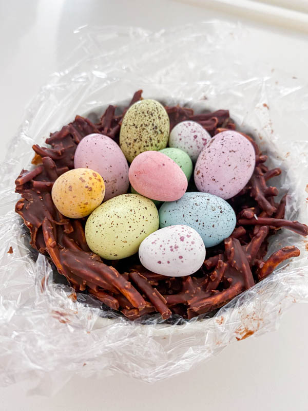 The Easter Chocolate Nest is filled with mini Easter eggs.