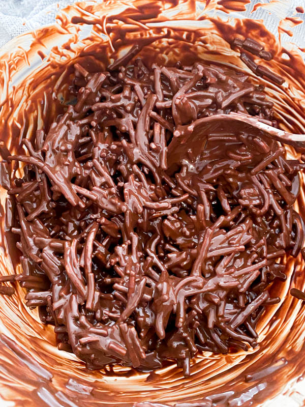 The chocolate and noodle mix have been combined so all the noodles are now coated in chocolate.