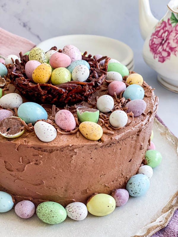 A close up of the Easter themed Chocolate Cake.