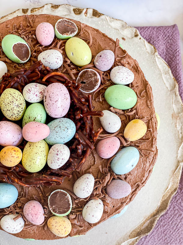 Looking down onto one half of the Easter themed chocolate cake.