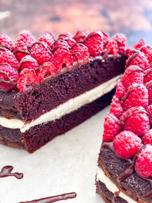 The cake has been cut so you can see the tender and moist crumb.