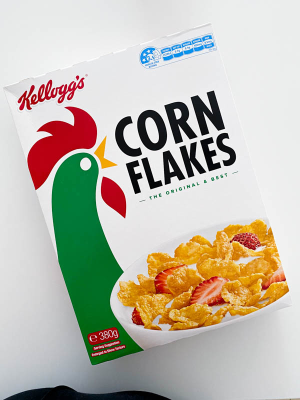 This photo shows a packet of Kelloggs Cornflakes.