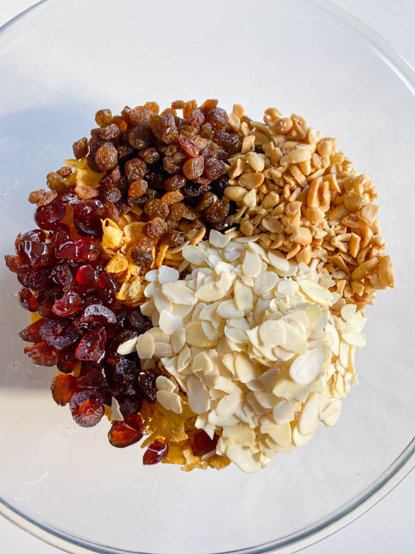 All the ingredients for the Florentines except for the Sweetened Condensed Milk are in a large bowl.