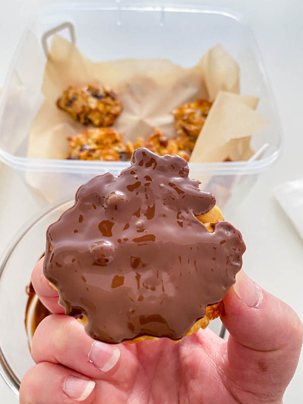 This shows the underside of the Florentine biscuit now coated in chocolate.