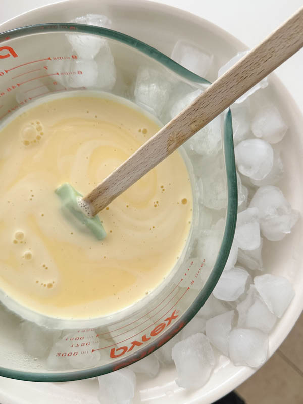 The custard is now placed over an ice-bath to ensure it cools down quickly.