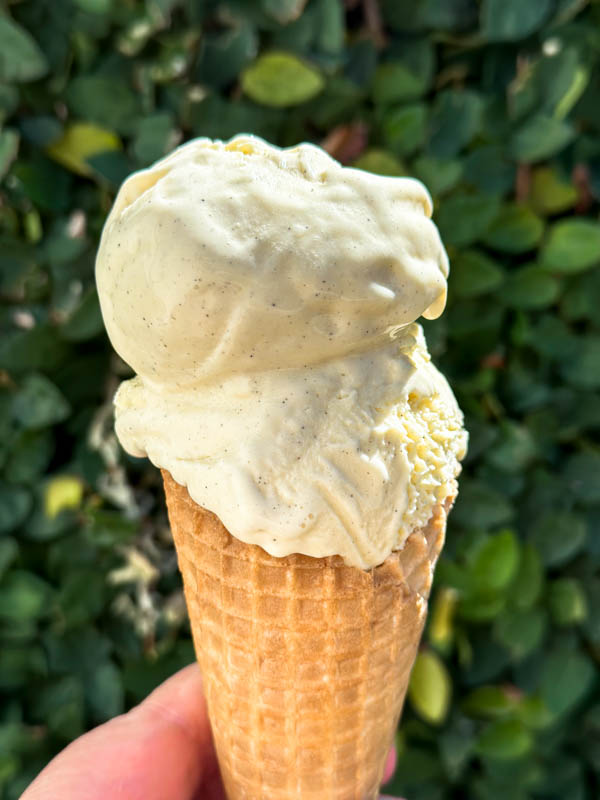 A close up of the ice cream in a waffle cone.