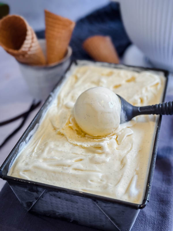 Another close up of the Vanilla Bean Ice Cream with waffle cones in the background.