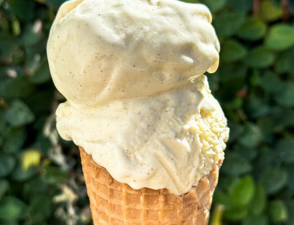 A close up of the Vanilla Bean Ice Cream served in a waffle cone.