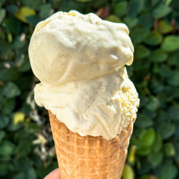 A close up of the Vanilla Bean Ice Cream served in a waffle cone.